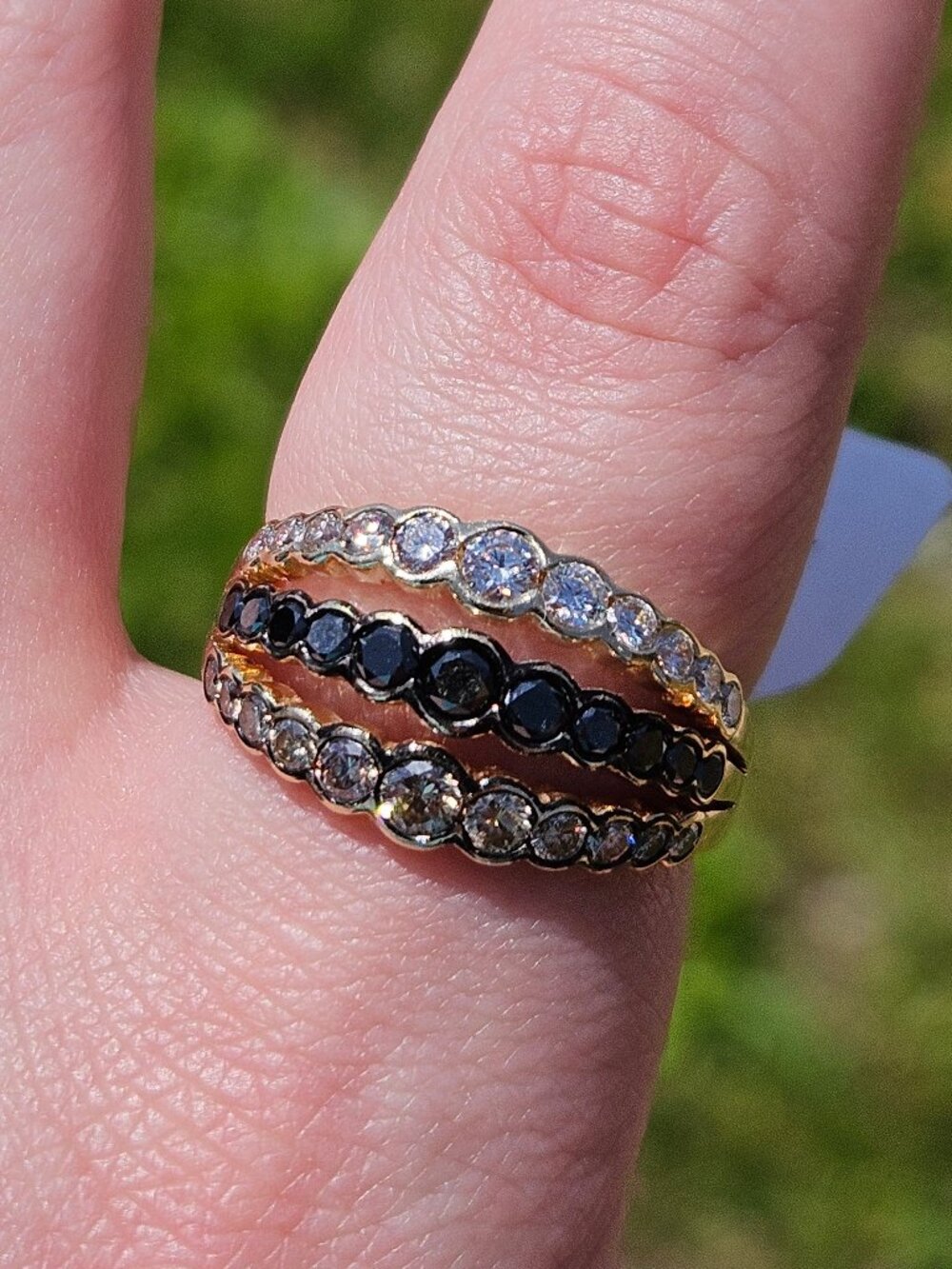 14K Yellow Gold Black White & Brown Diamond Cocktail 3 Row Ring Band Size 9.25